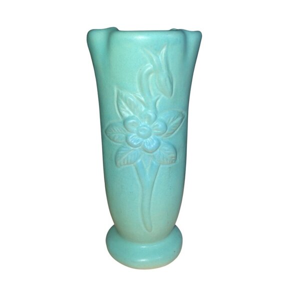 Vintage VAN BRIGGLE 8" Ming Blue Columbine Flower Pattern Pottery Vase Signed - Picture 3 of 5